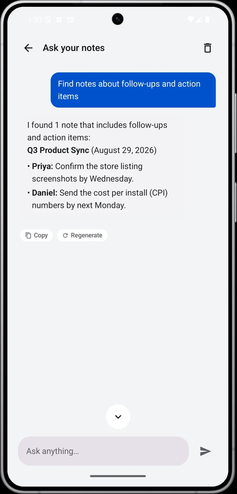 Noter AI on Android answering a question by searching across saved meeting notes