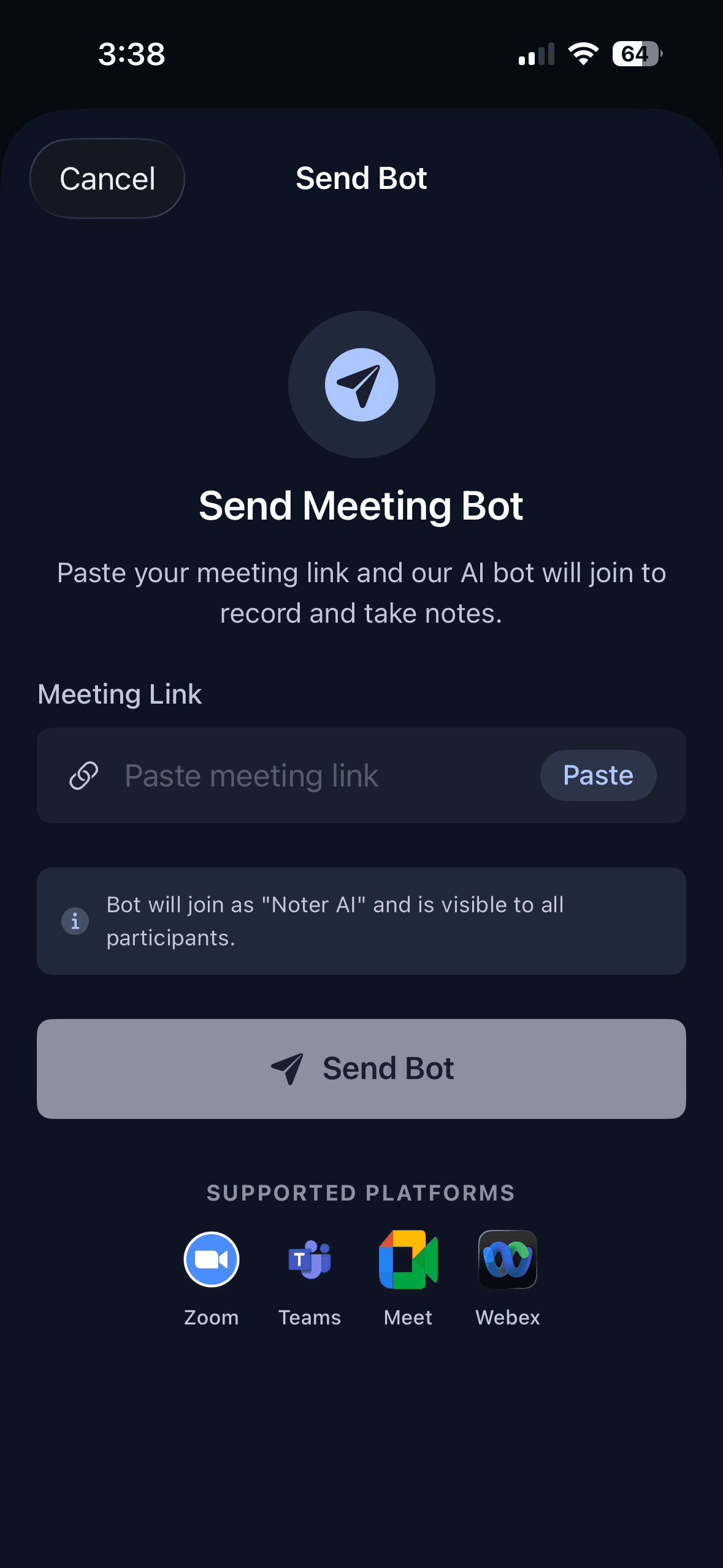 Send bot screen dark mode