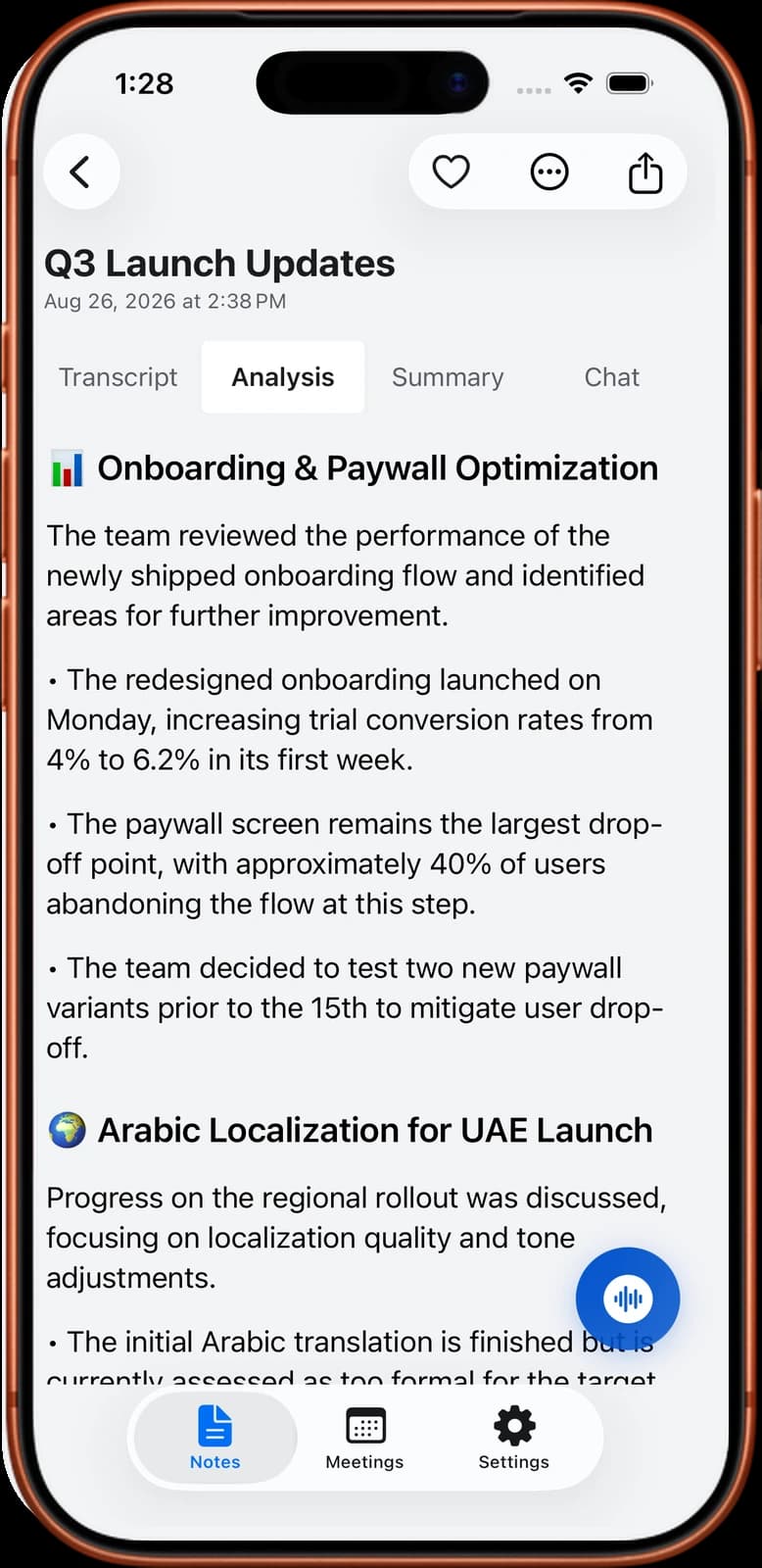 Meeting note on iPhone showing the Transcript, Analysis, Summary and Chat switcher
