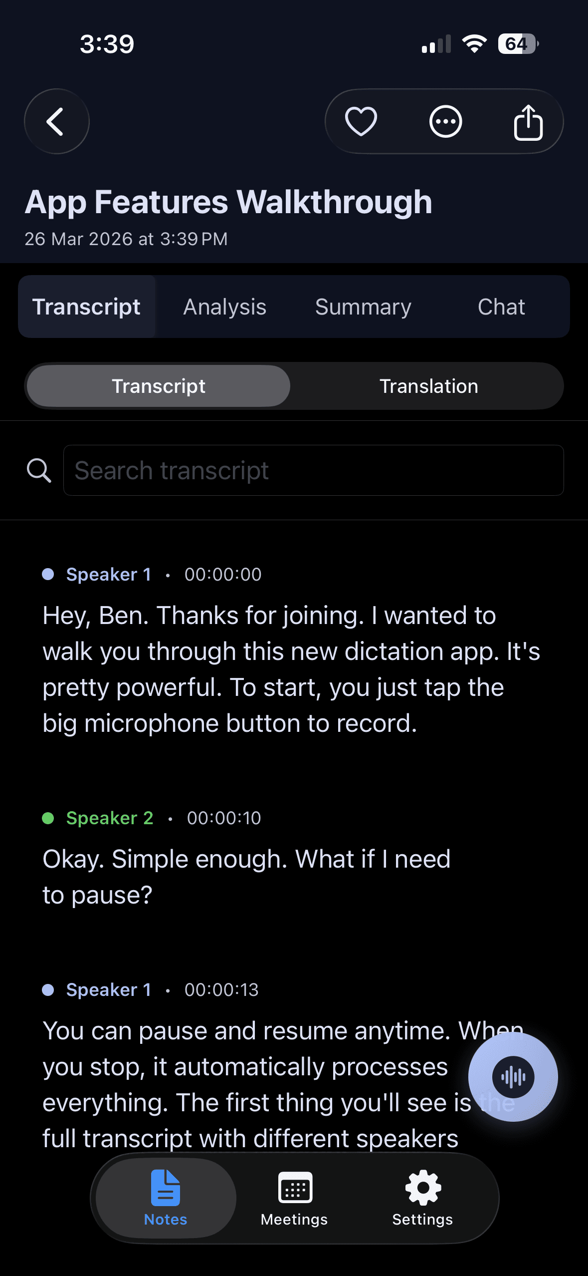 Transcribe screen dark mode