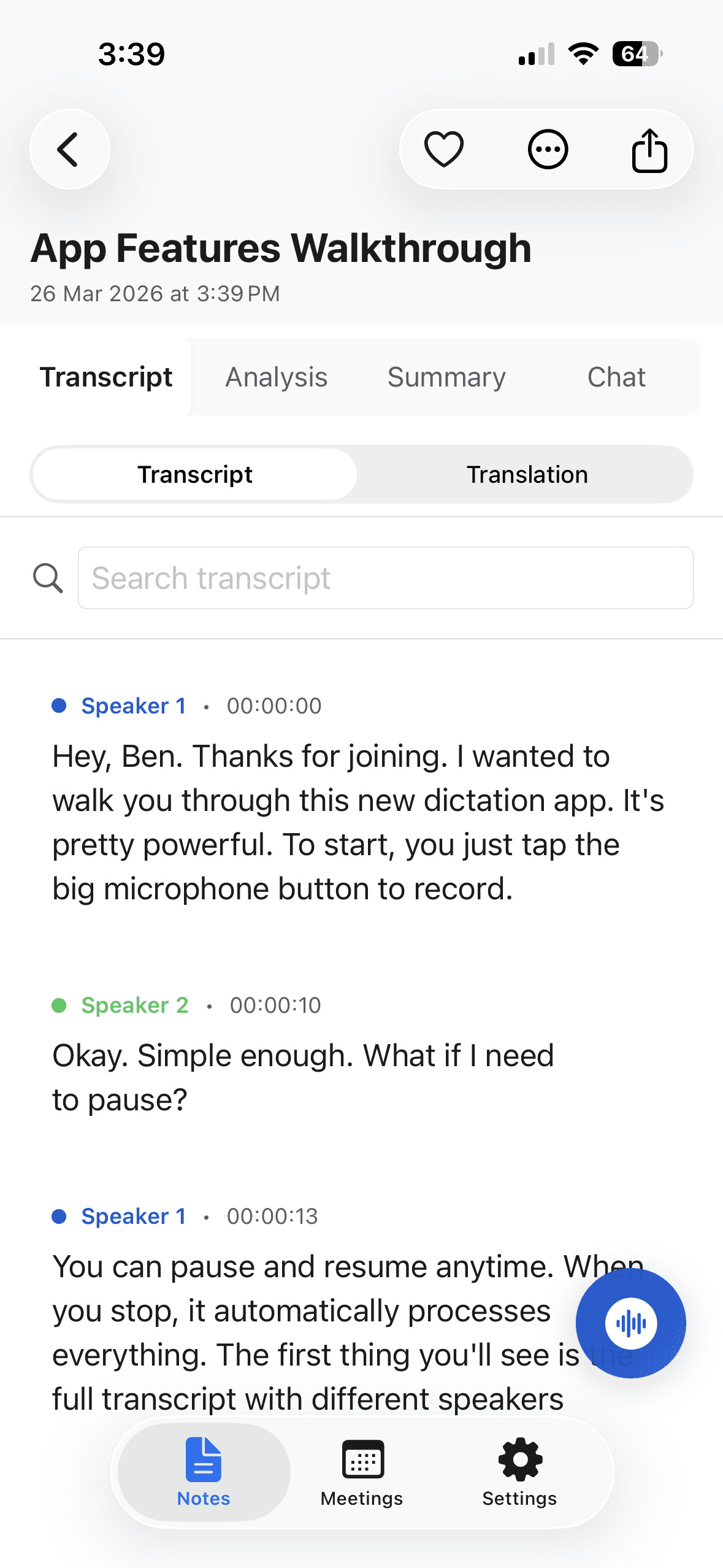 Transcribe screen