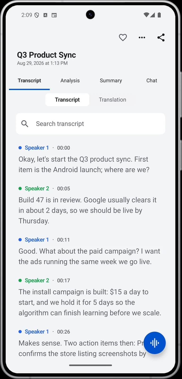 Meeting transcript on Android with Speaker 1 and Speaker 2 labels and timestamps