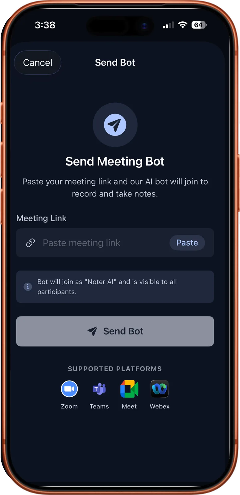 Send Meeting Bot screen with a meeting link field and the Zoom, Teams, Meet and Webex logos