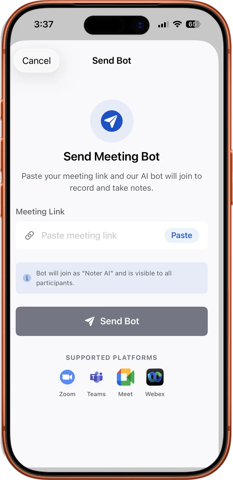 The Send Meeting Bot screen in Noter AI, with a field for the meeting link and a Send Bot button