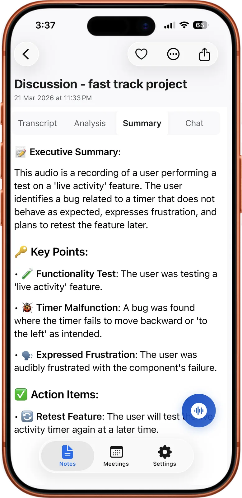 A meeting summary in Noter AI on iPhone