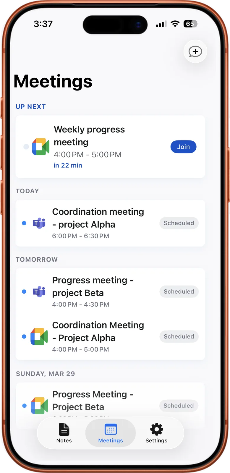 The Meetings screen in Noter AI listing upcoming calendar meetings, with a Join button on the next one
