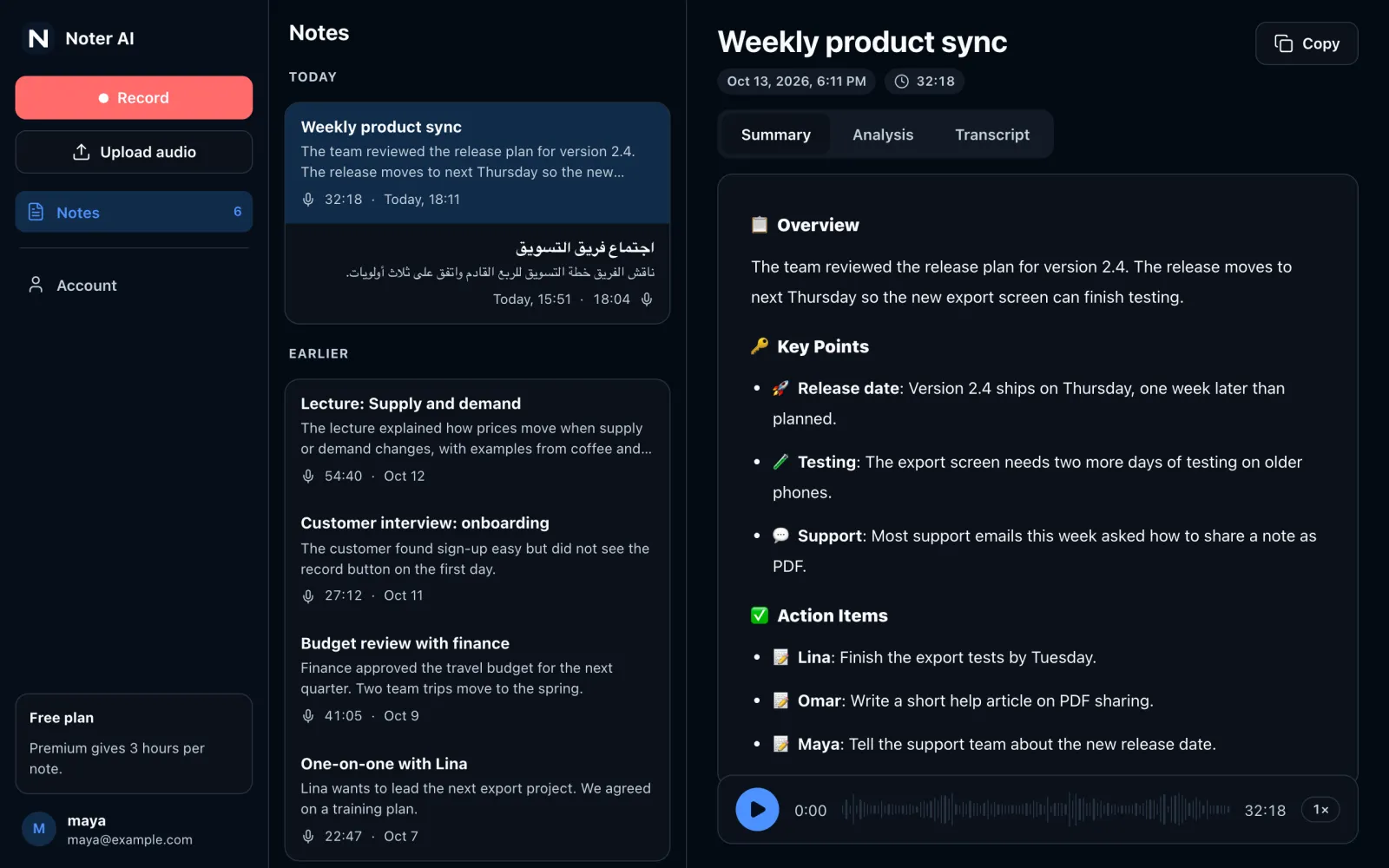 The notes list in the Noter AI web app, with the summary of a weekly product meeting open beside it