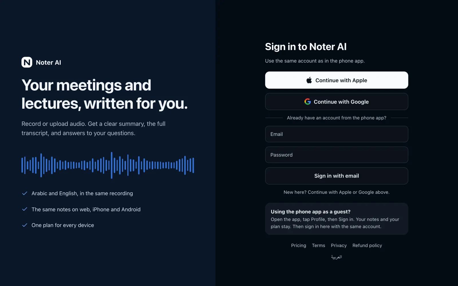 The Noter AI web sign-in page with buttons for Apple, Google and email