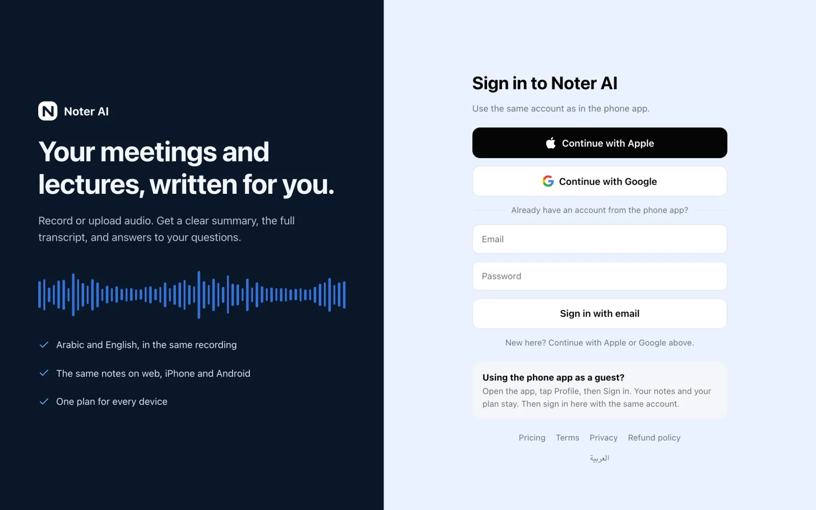 The Noter AI web sign-in page with buttons for Apple, Google and email