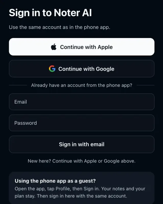 The Noter AI web sign-in page with buttons for Apple, Google and email