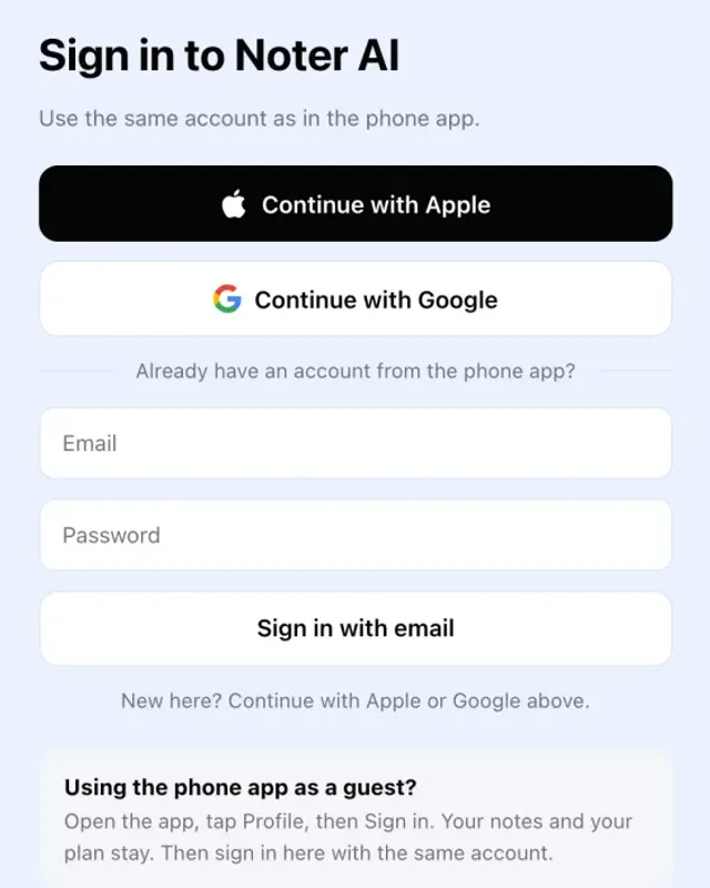 The Noter AI web sign-in page with buttons for Apple, Google and email