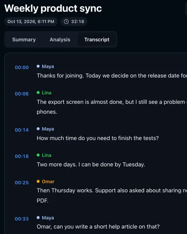 The transcript of a note in the Noter AI web app, with a speaker name and a time on each line