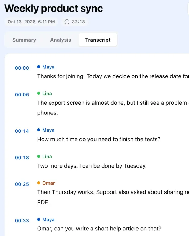 The transcript of a note in the Noter AI web app, with a speaker name and a time on each line