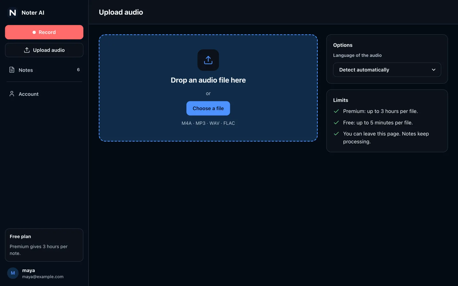 The Upload audio page in the Noter AI web app, with a drop area for an audio file and the plan limits