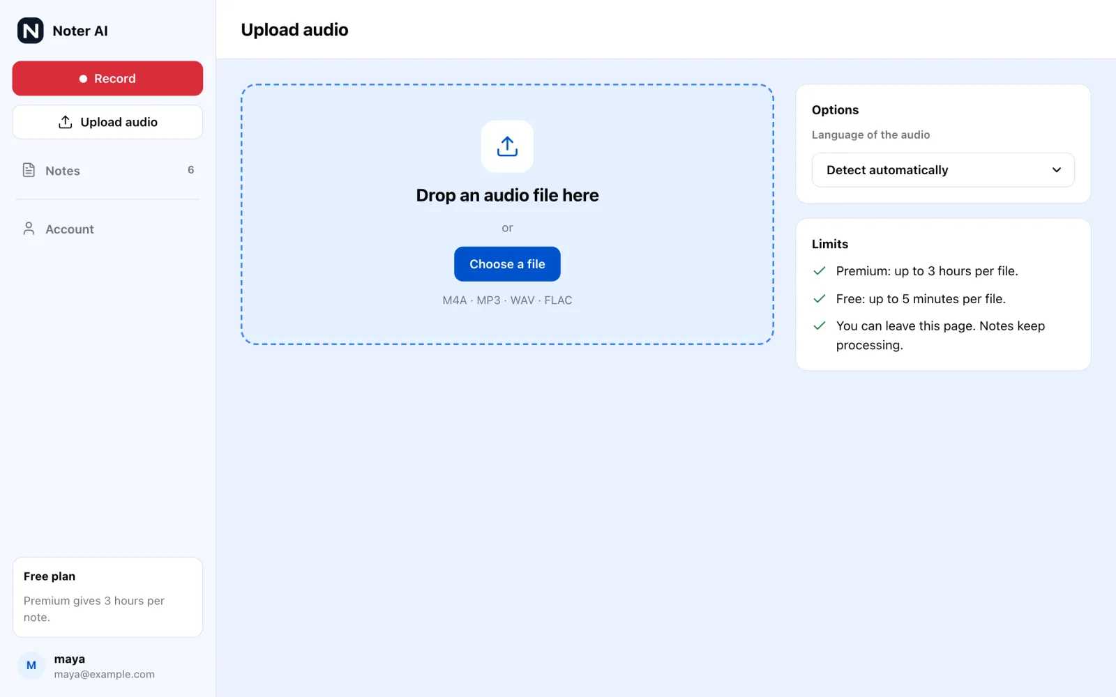 The Upload audio page in the Noter AI web app, with a drop area for an audio file and the plan limits